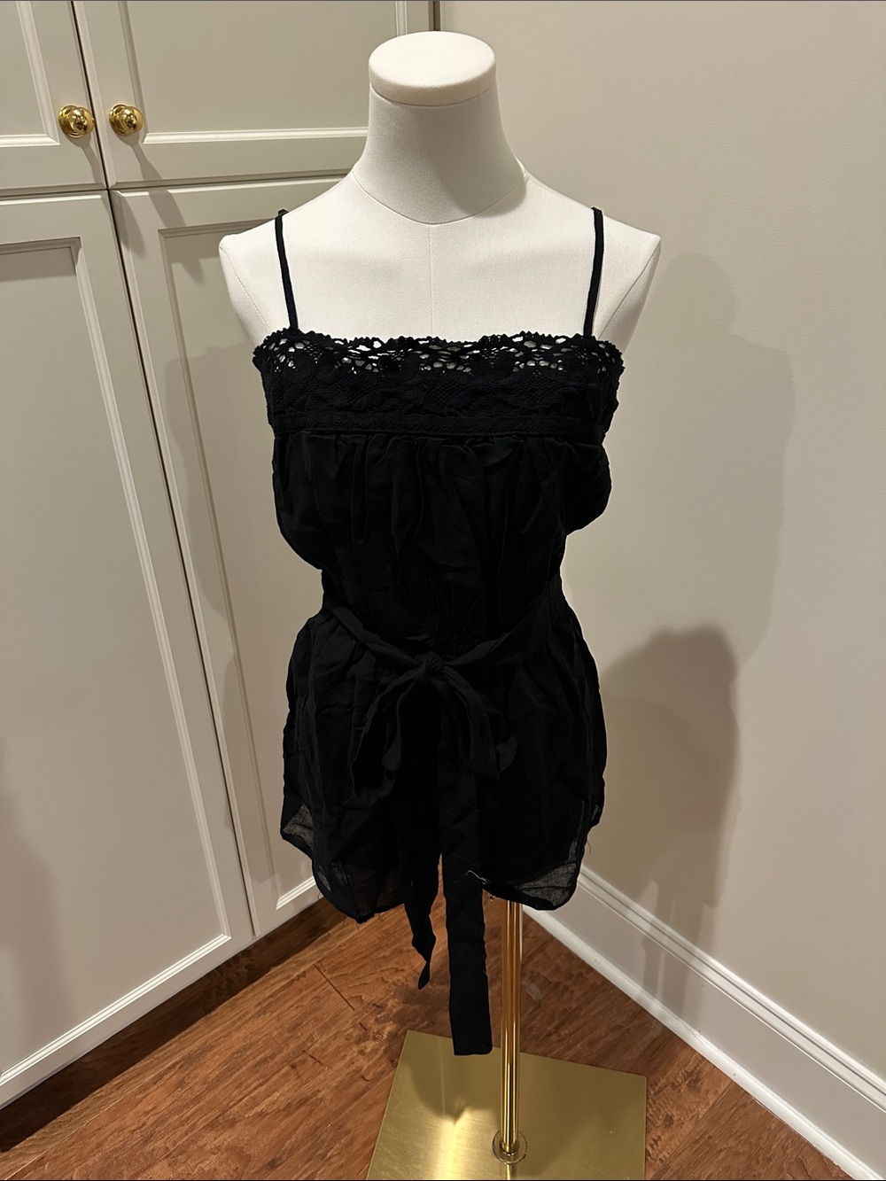 Olivaceous Black Crochet-Trim Spaghetti Strap Romper